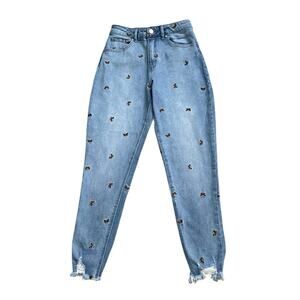 LOVE FIRE Womens Size 3 Embroidered Butterfly Tapered High Waist Mom Blue Jeans